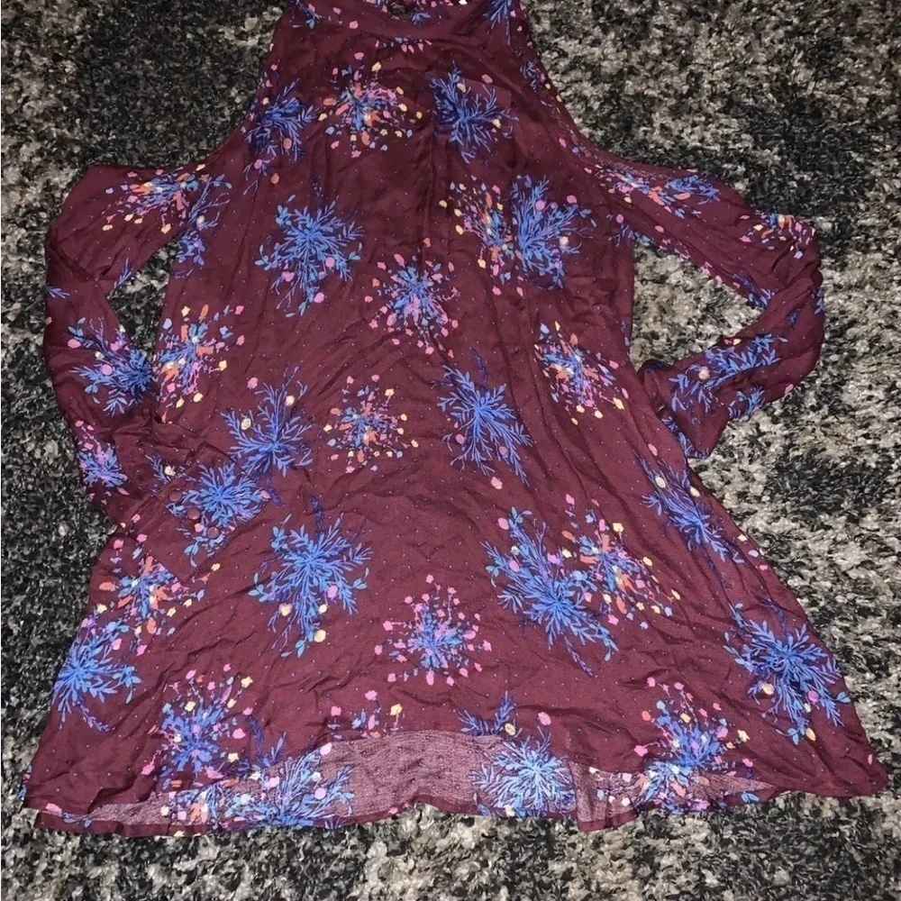 Free People Cold Shoulder Blouse Burgandy Floral Draped Fit Long Sleeve Sz Small